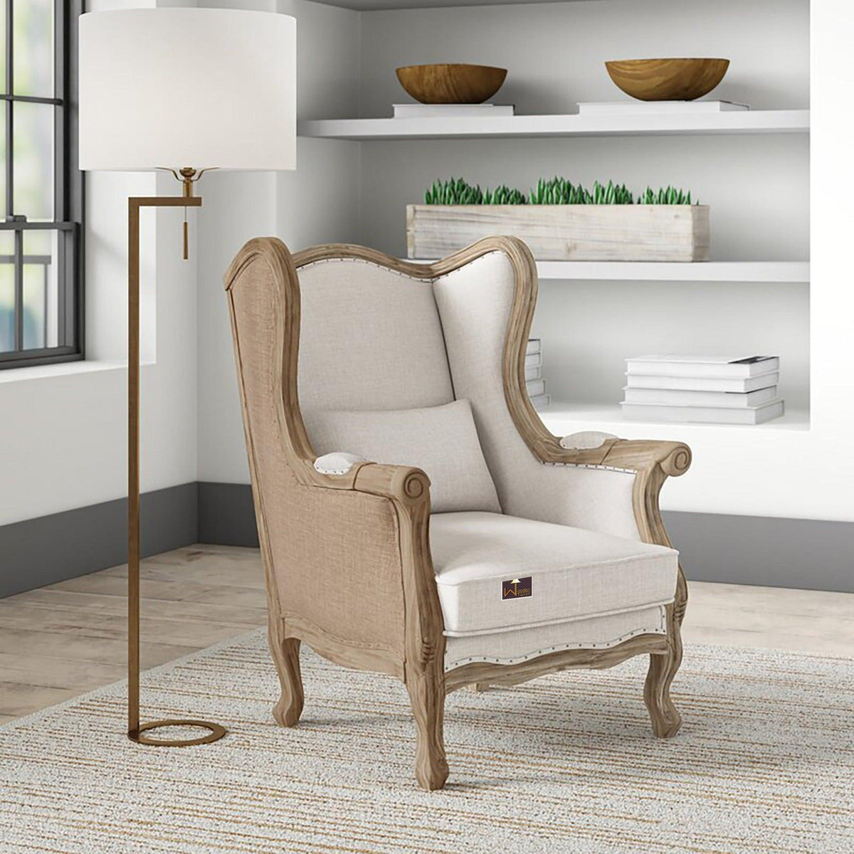 Wide Wingback Arm Chair in Light Sand