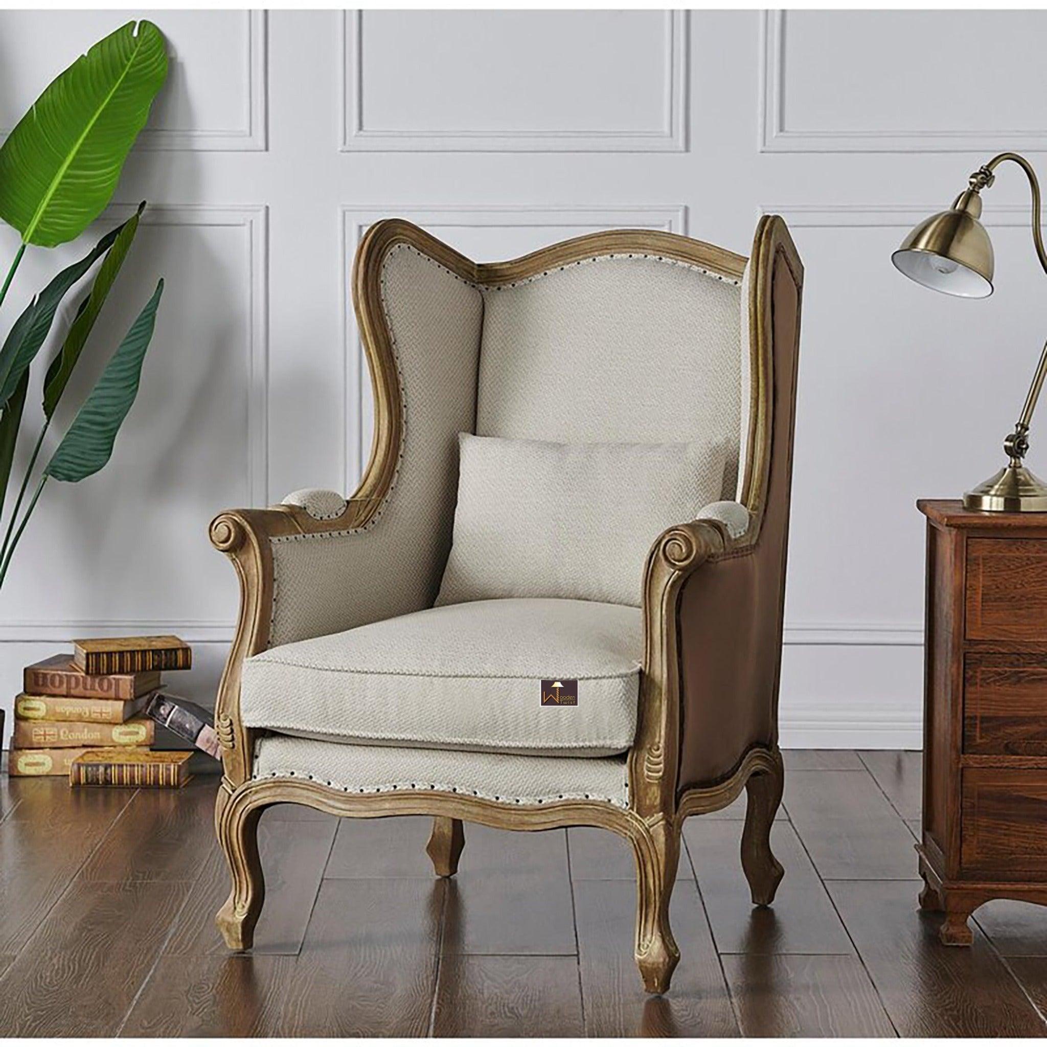 Wooden Wide Wingback Arm Chair (Cardiff Cream) - WoodenTwist