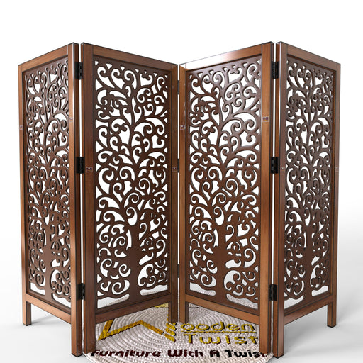 Low Height Solid Wood Room Divider Separator Wooden Partition 4 Panel ( Brown ) - WoodenTwist