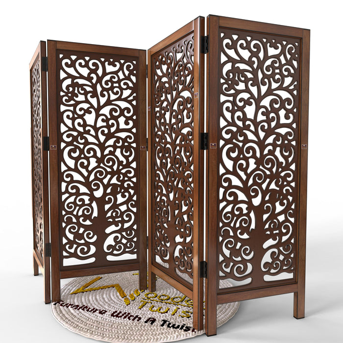 Low Height Solid Wood Room Divider Separator Wooden Partition 4 Panel ( Brown ) - WoodenTwist