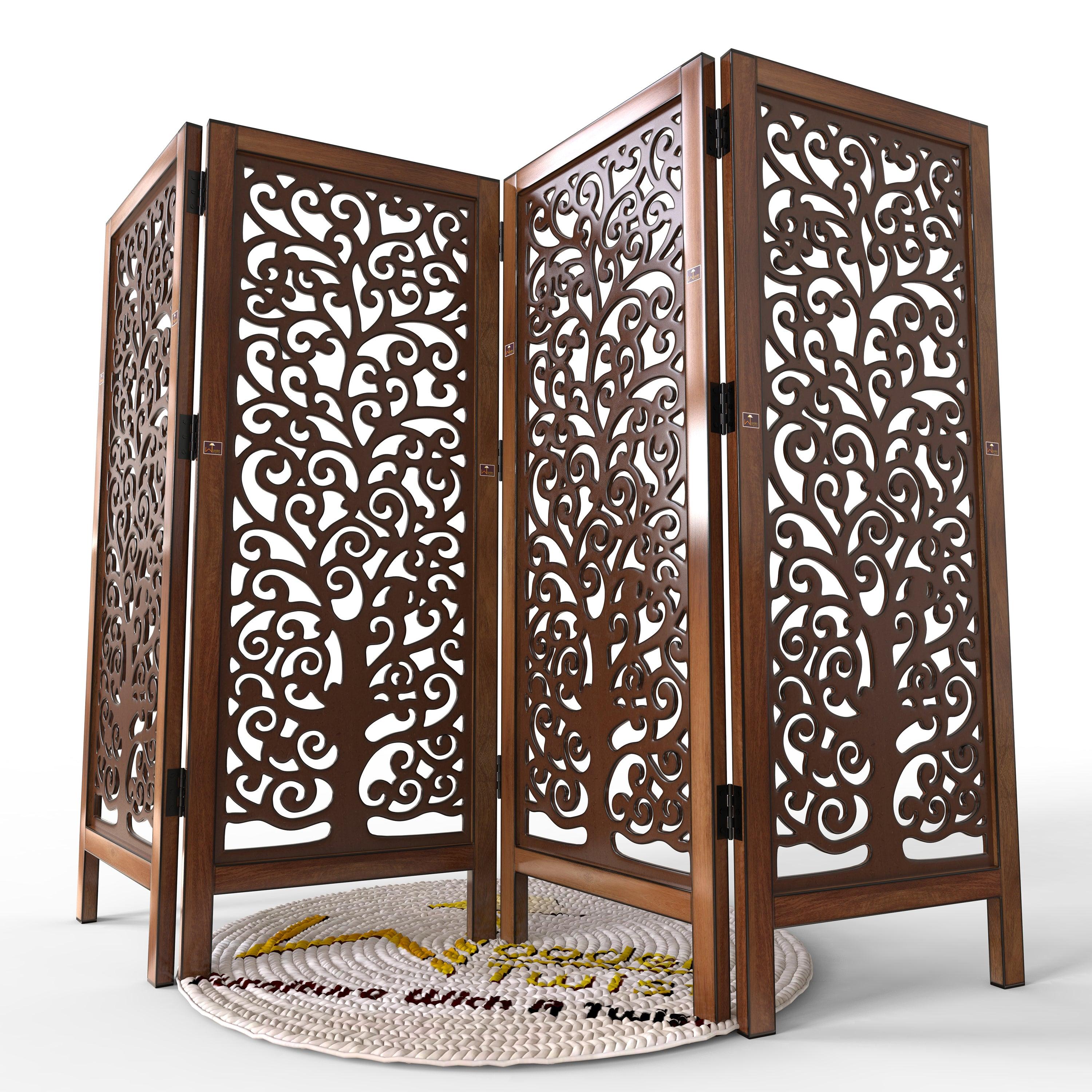 Low Height Solid Wood Room Divider Separator Wooden Partition 4 Panel ( Brown ) - WoodenTwist