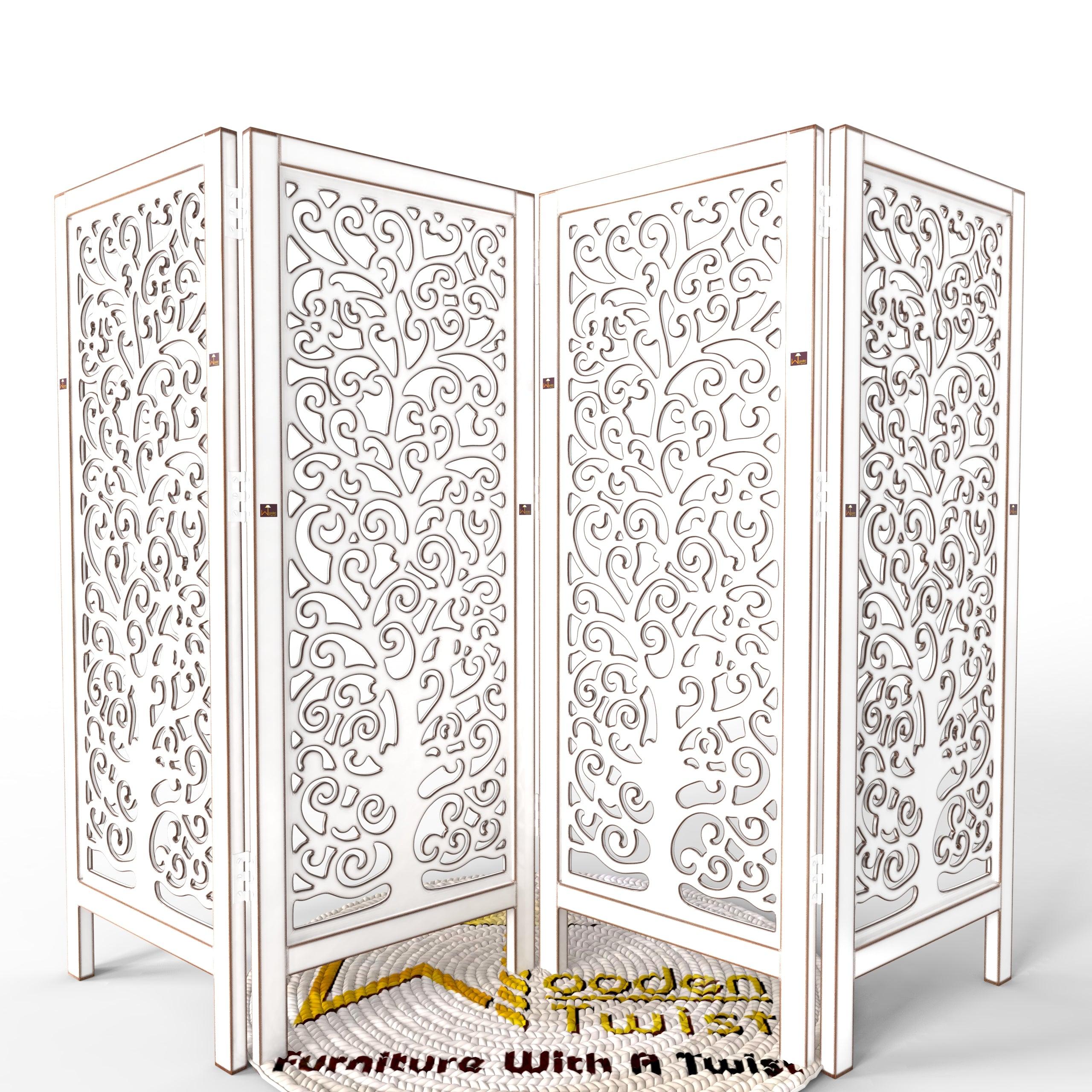 Low Height Solid Wood Room Divider Separator Wooden Partition 4 Panel ( Antique White ) - WoodenTwist