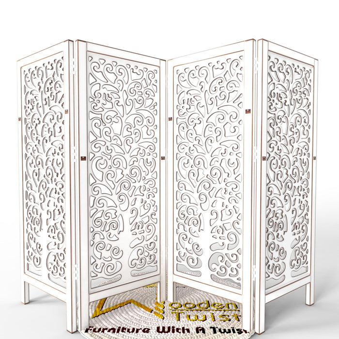 Low Height Solid Wood Room Divider Separator Wooden Partition 4 Panel ( Antique White ) - WoodenTwist
