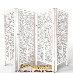 Low Height Solid Wood Room Divider Separator Wooden Partition 4 Panel ( Antique White ) - WoodenTwist