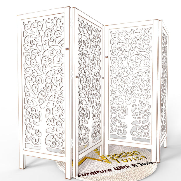 Low Height Solid Wood Room Divider Separator Wooden Partition 4 Panel ( Antique White ) - WoodenTwist