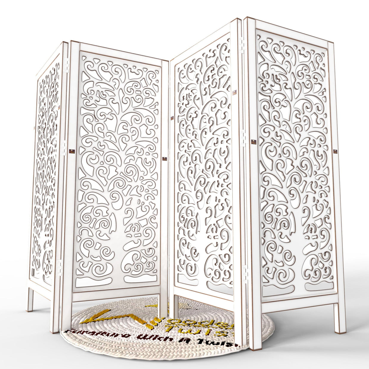 Low Height Solid Wood Room Divider Separator Wooden Partition 4 Panel ( Antique White ) - WoodenTwist