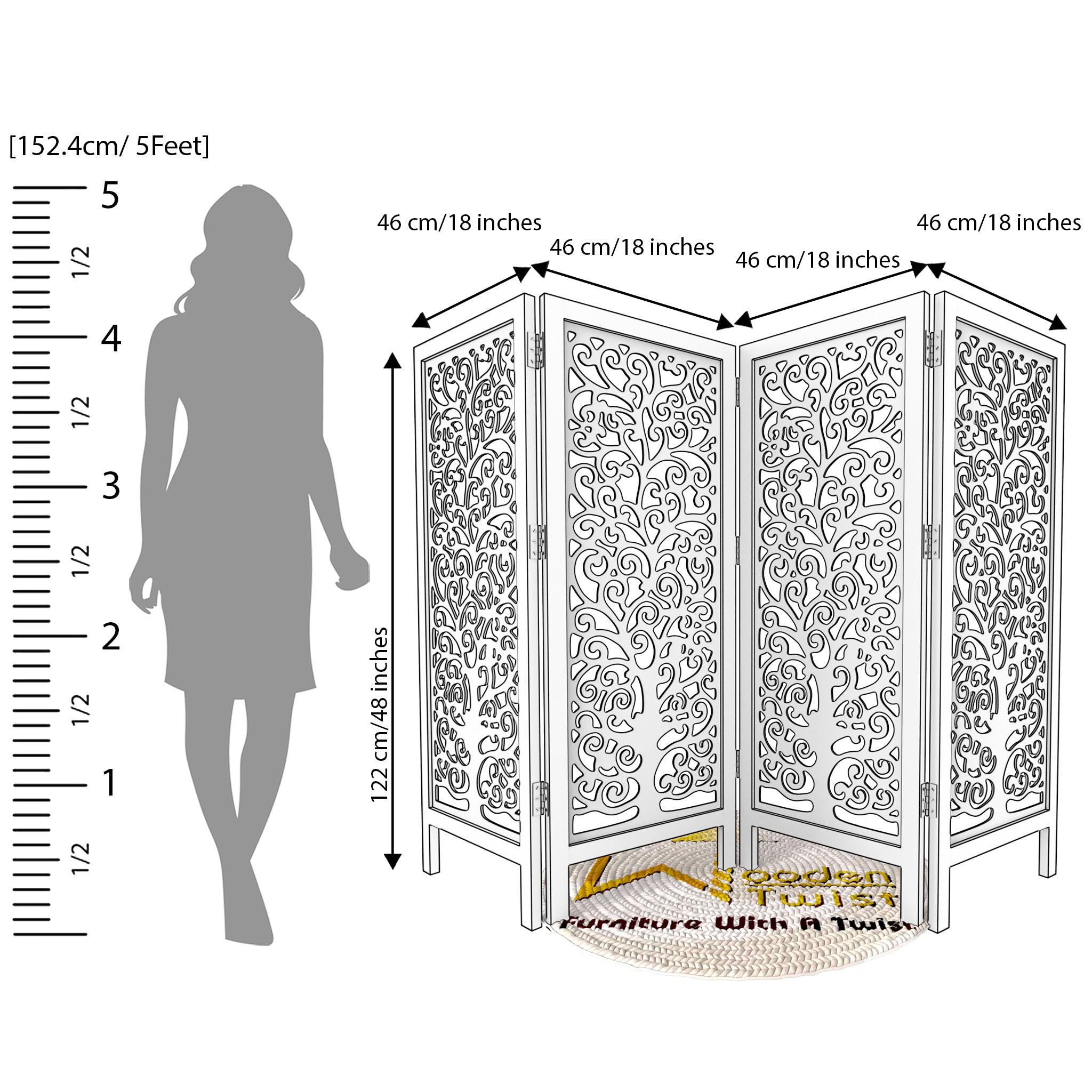 Low Height Solid Wood Room Divider Separator Wooden Partition 4 Panel ( Antique White ) - WoodenTwist