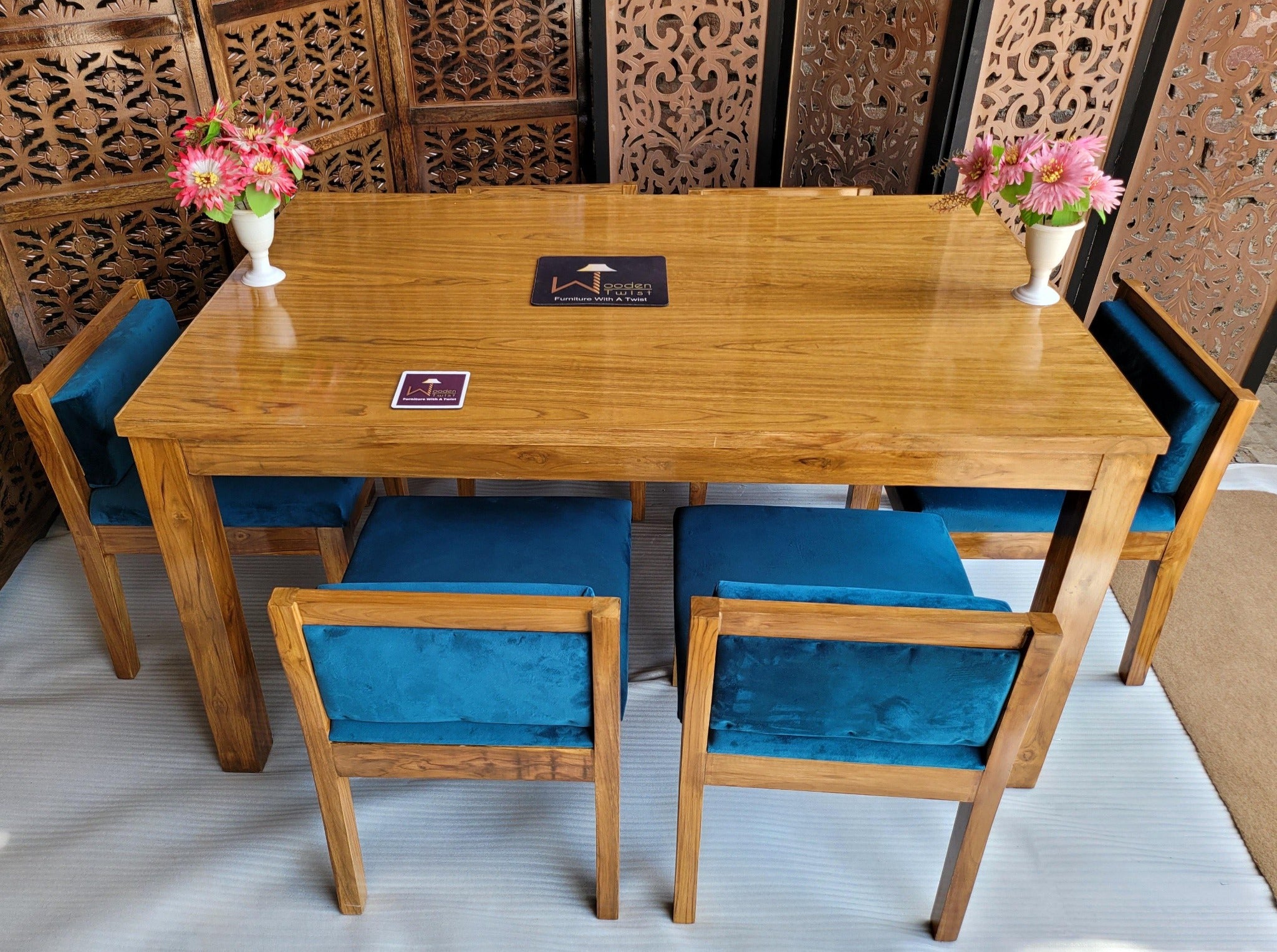 Royal Teak Wood 6 Seater Dining Set In Teal Blue - WoodenTwist