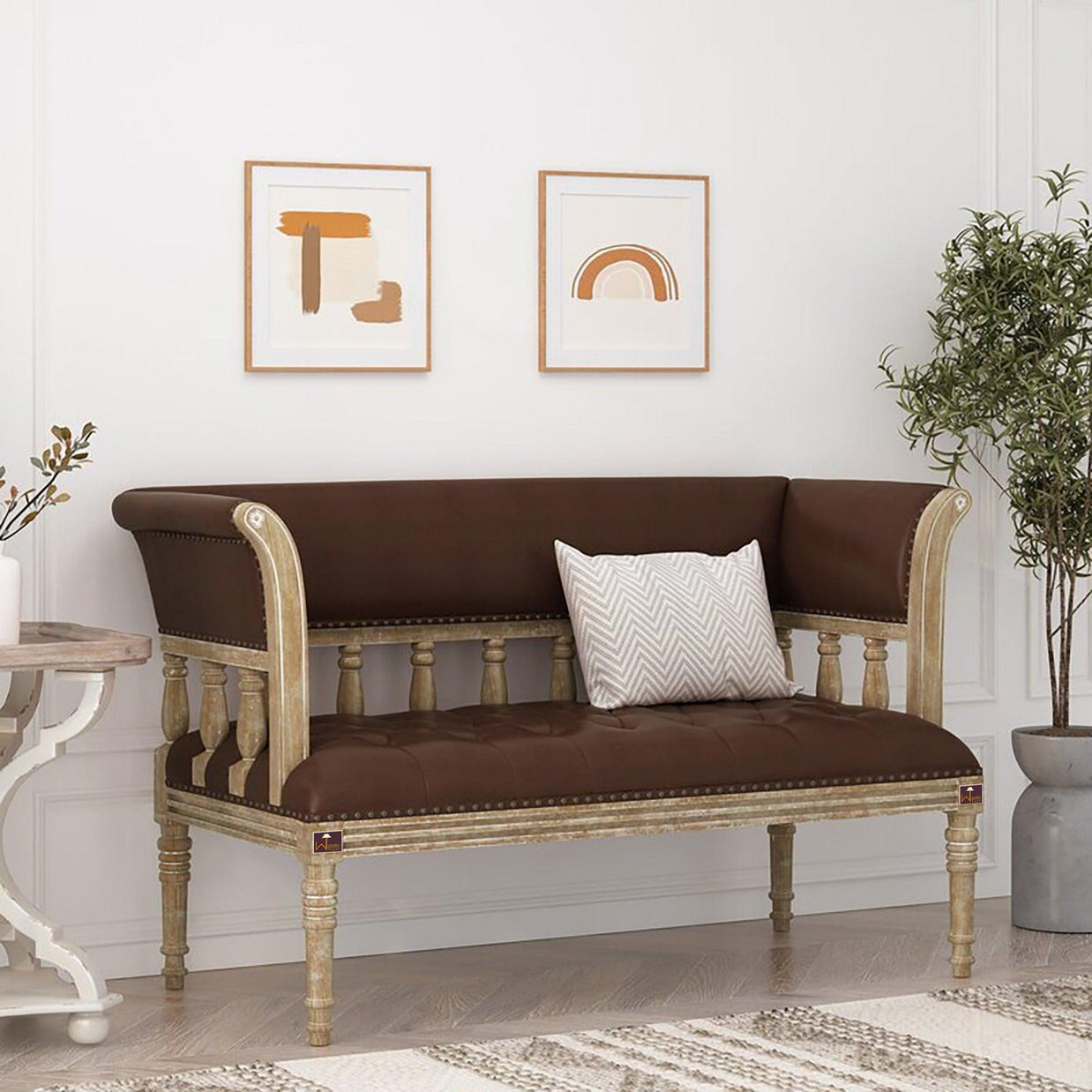 Wooden Flared Arm Loveseat Bench for Living Room Comfort for Backrest (2 Seater, Dark Brown) - WoodenTwist