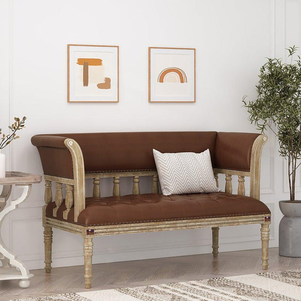Wooden Flared Arm Loveseat Bench for Living Room Comfort for Backrest (2 Seater, Brown) - WoodenTwist