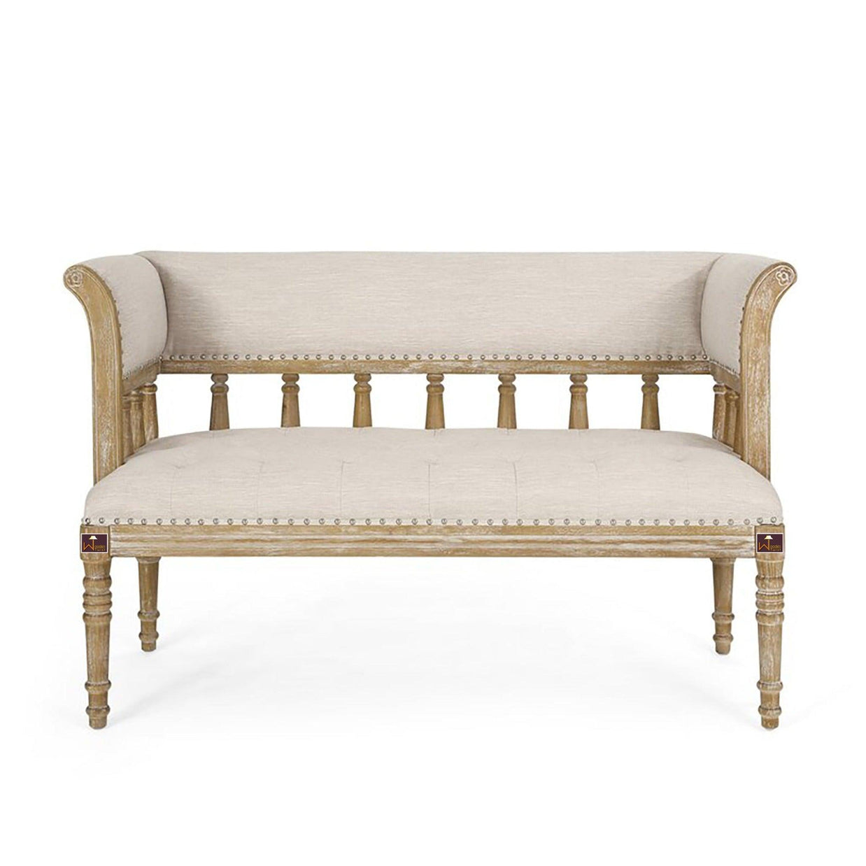 Wooden Flared Arm Loveseat Bench for Living Room Comfort for Backrest (2 Seater, Beige) - WoodenTwist