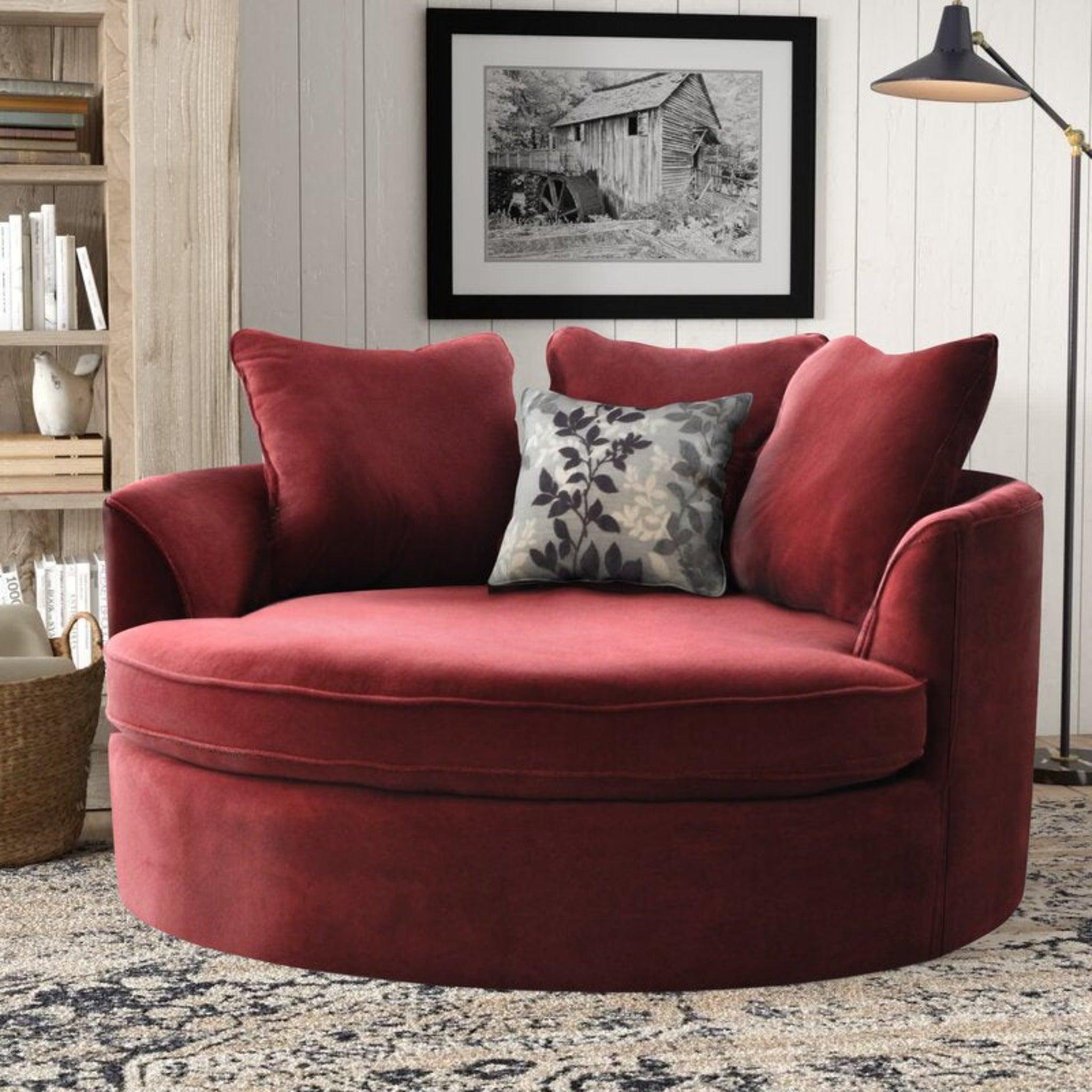 Wooden Twist Velvet Round Solid Wood Barrel Sofa Cuddle Chair Maroon