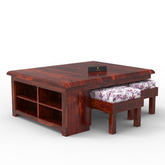 Esto Teak Wood Coffee Table Set With Side Storage - WoodenTwist