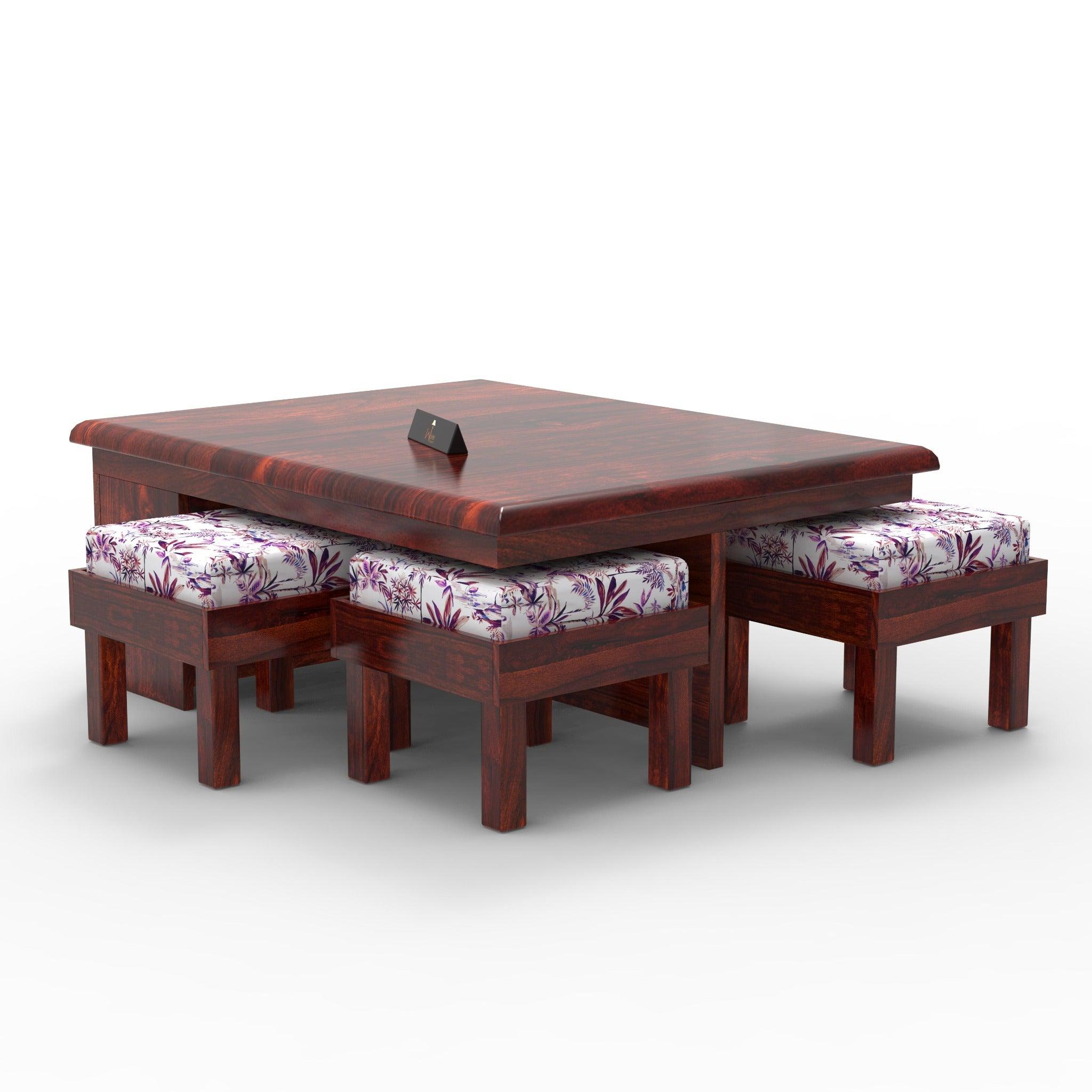 Esto Teak Wood Coffee Table Set With Side Storage - WoodenTwist