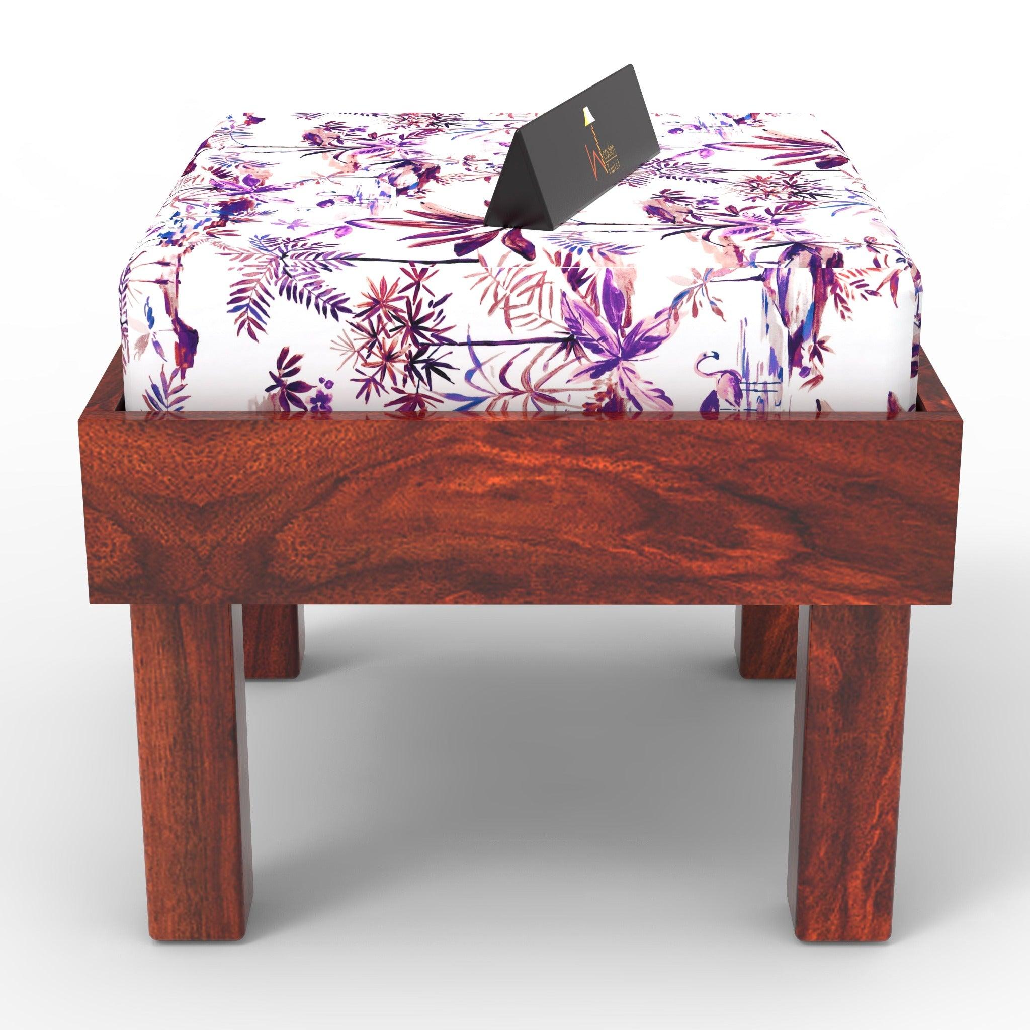 Reposa Floral Print Wooden Cushioned Stool (Sheesham Wood) - WoodenTwist