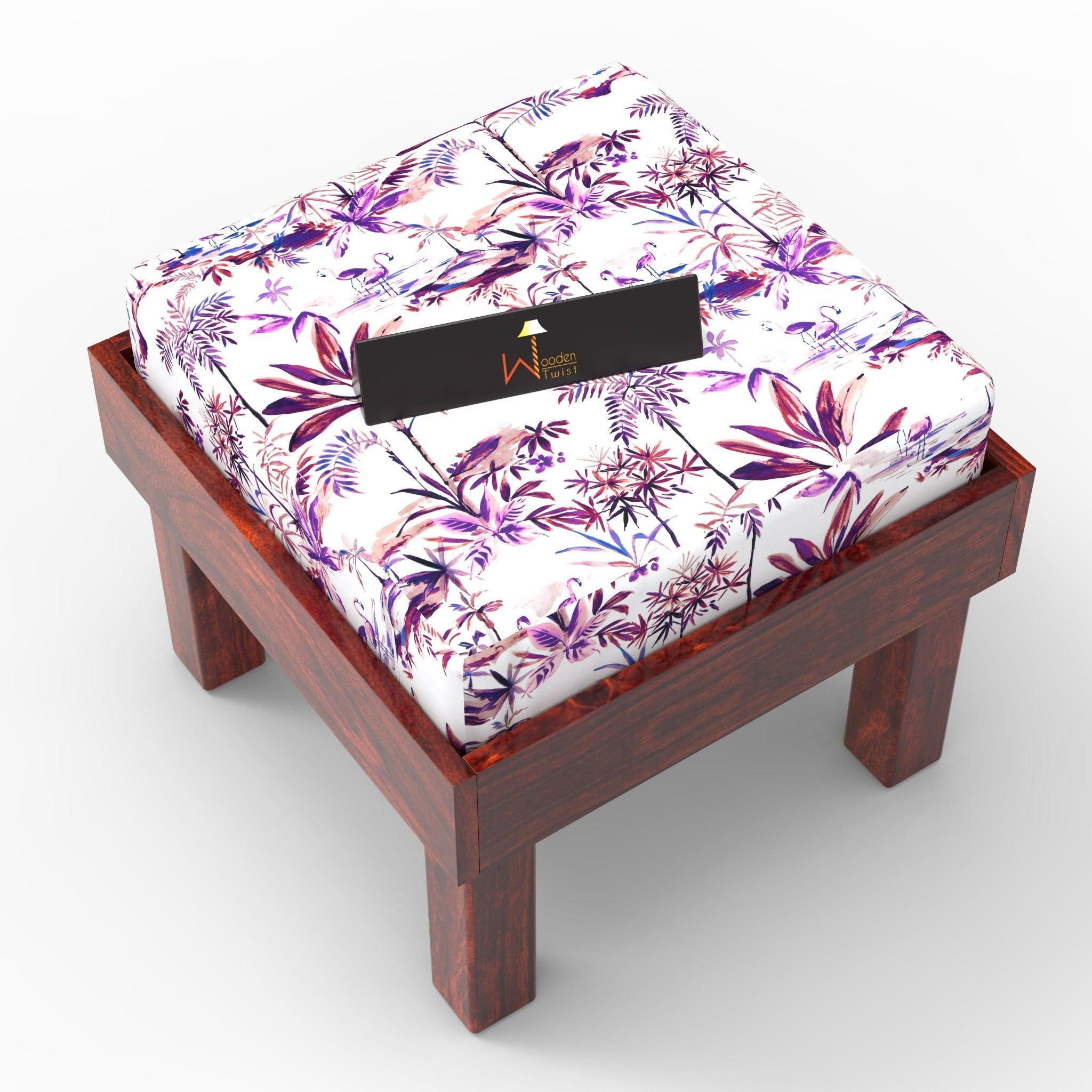 Reposa Floral Print Wooden Cushioned Stool (Sheesham Wood) - WoodenTwist