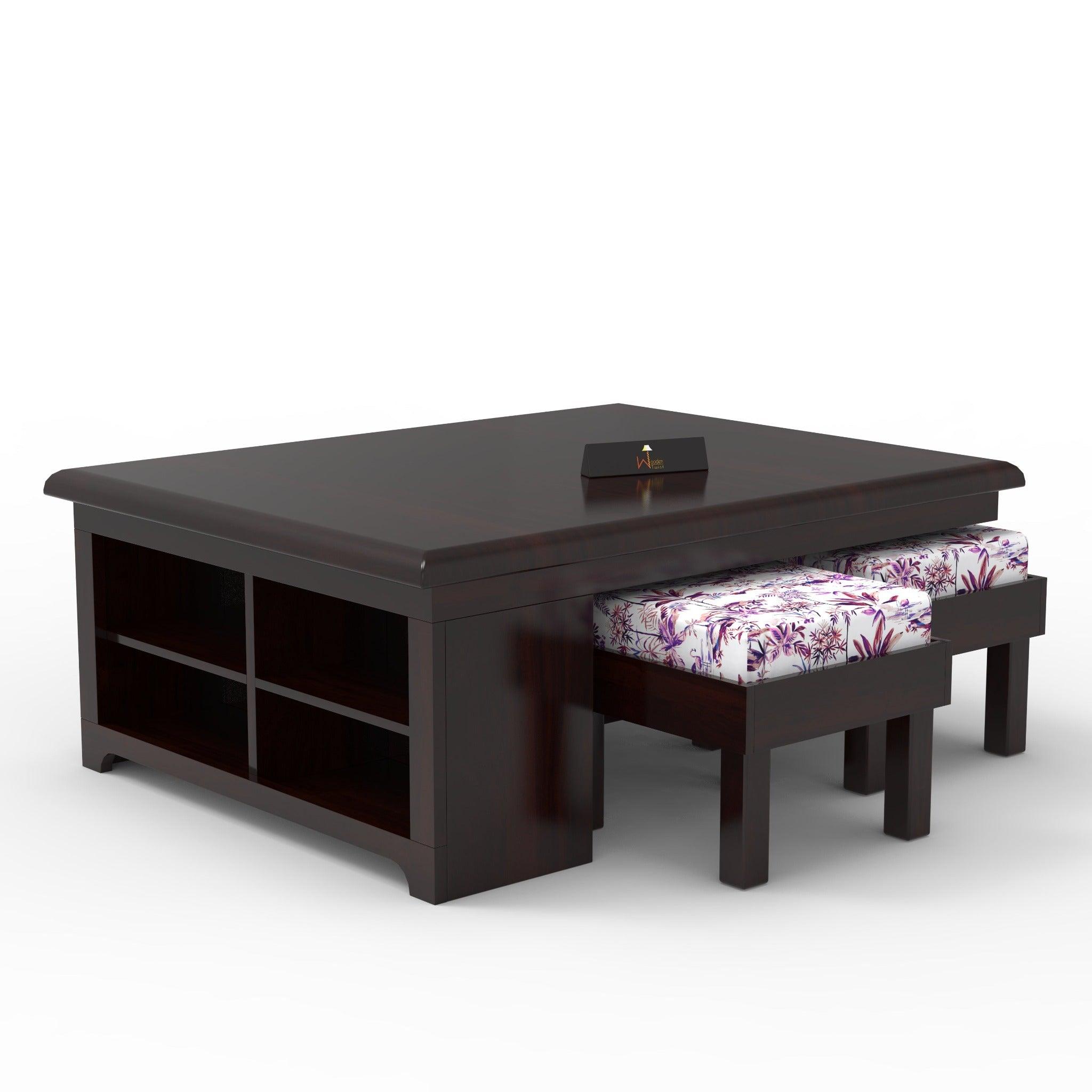 Esto Teak Wood Coffee Table Set With Side Storage - WoodenTwist