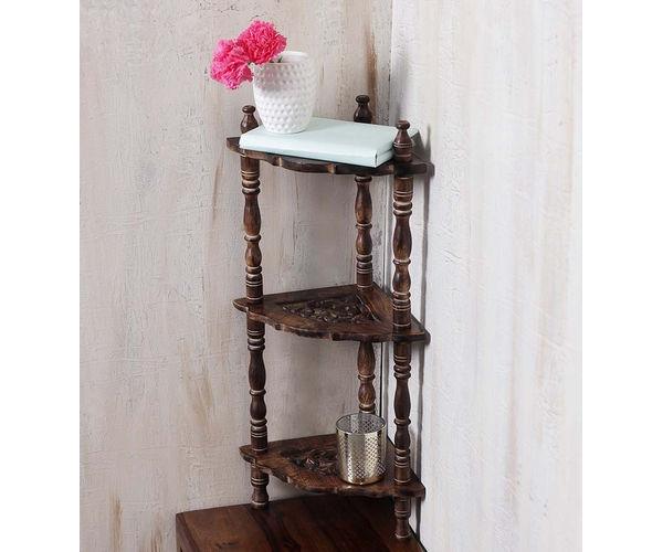 Wooden Mini corner rack side table carved end table - WoodenTwist