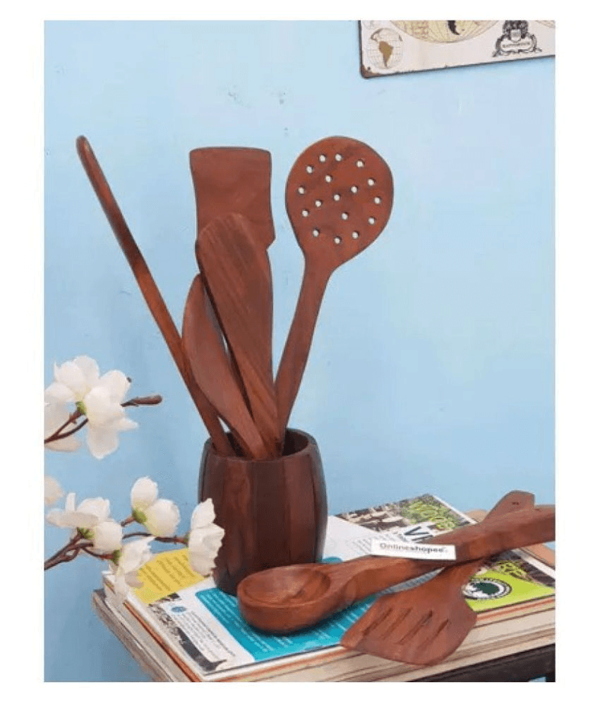 Wooden Kitchen Spoon Set of 8 with Barrel Shaped Stand - full set view