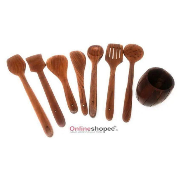 Wooden Kitchen Spoon Set of 8 with Barrel Shaped Stand - single spoon detail