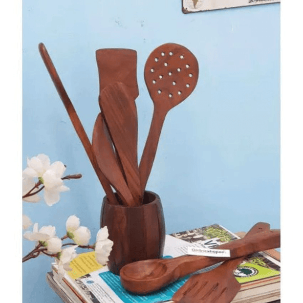 Wooden Kitchen Spoon Set of 8 with Barrel Shaped Stand - full set view