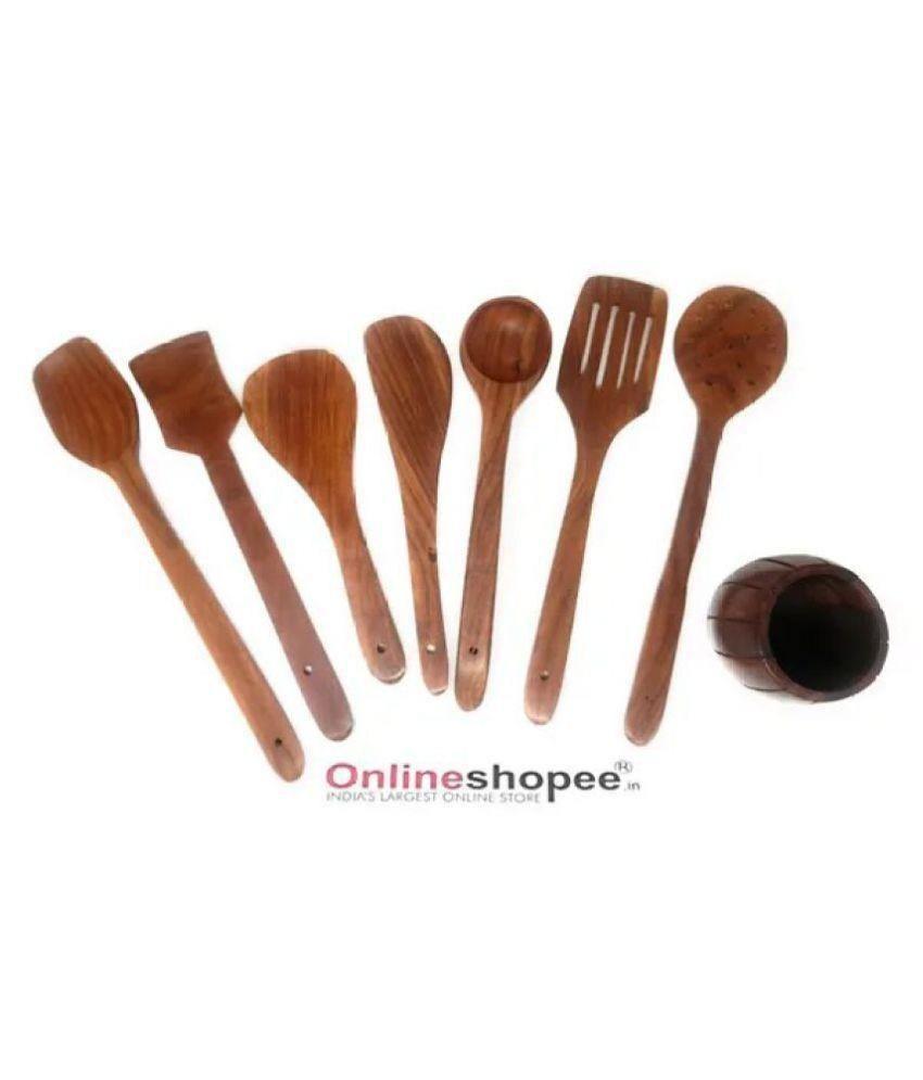 Wooden Kitchen Spoon Set of 8 with Barrel Shaped Stand - close-up view