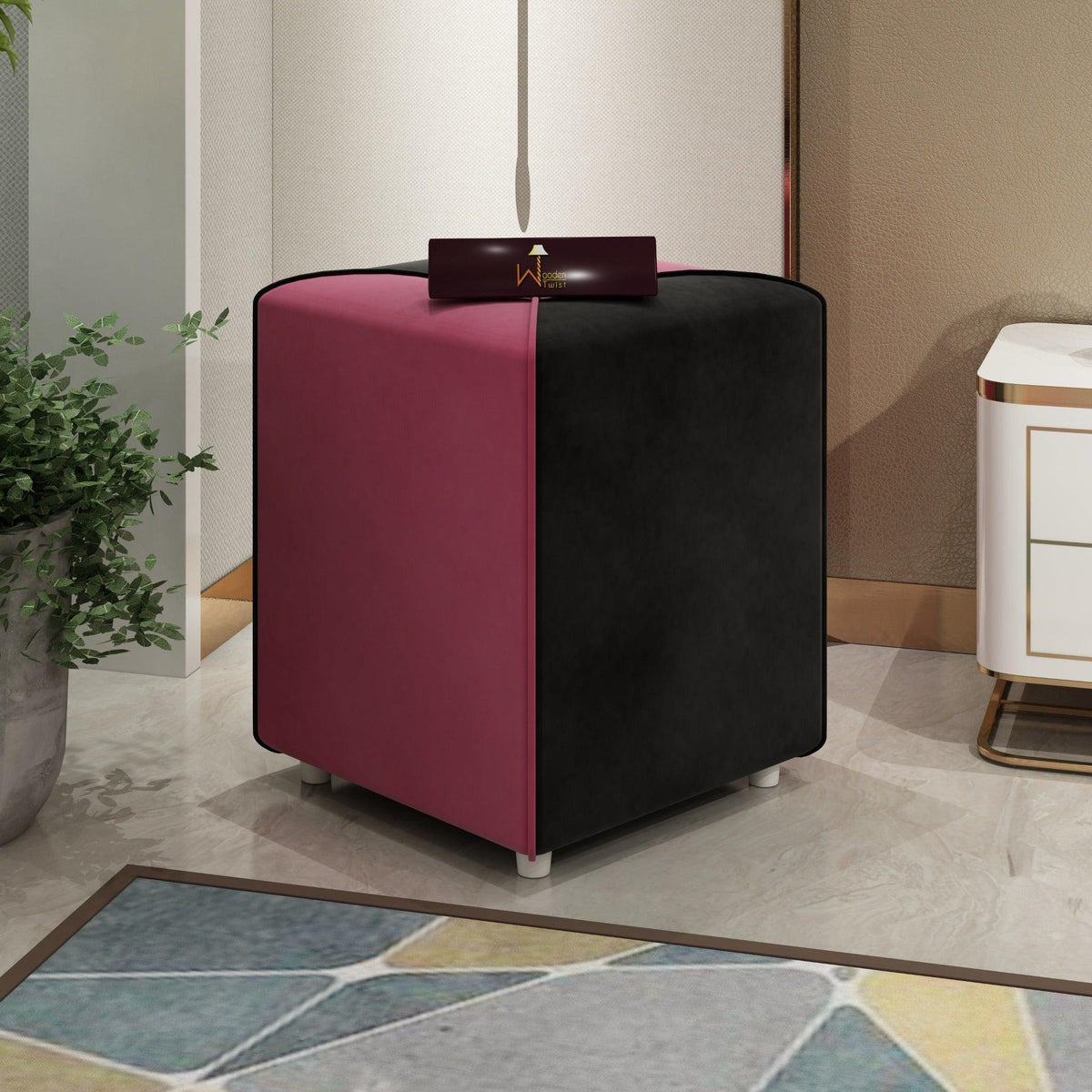 Soft Fabric Ottoman Stool in Pink & Black