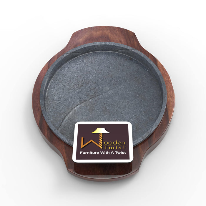 Medium Sized Sizzler Serving Platter With Wooden Base in Premium Sheesham - WoodenTwist