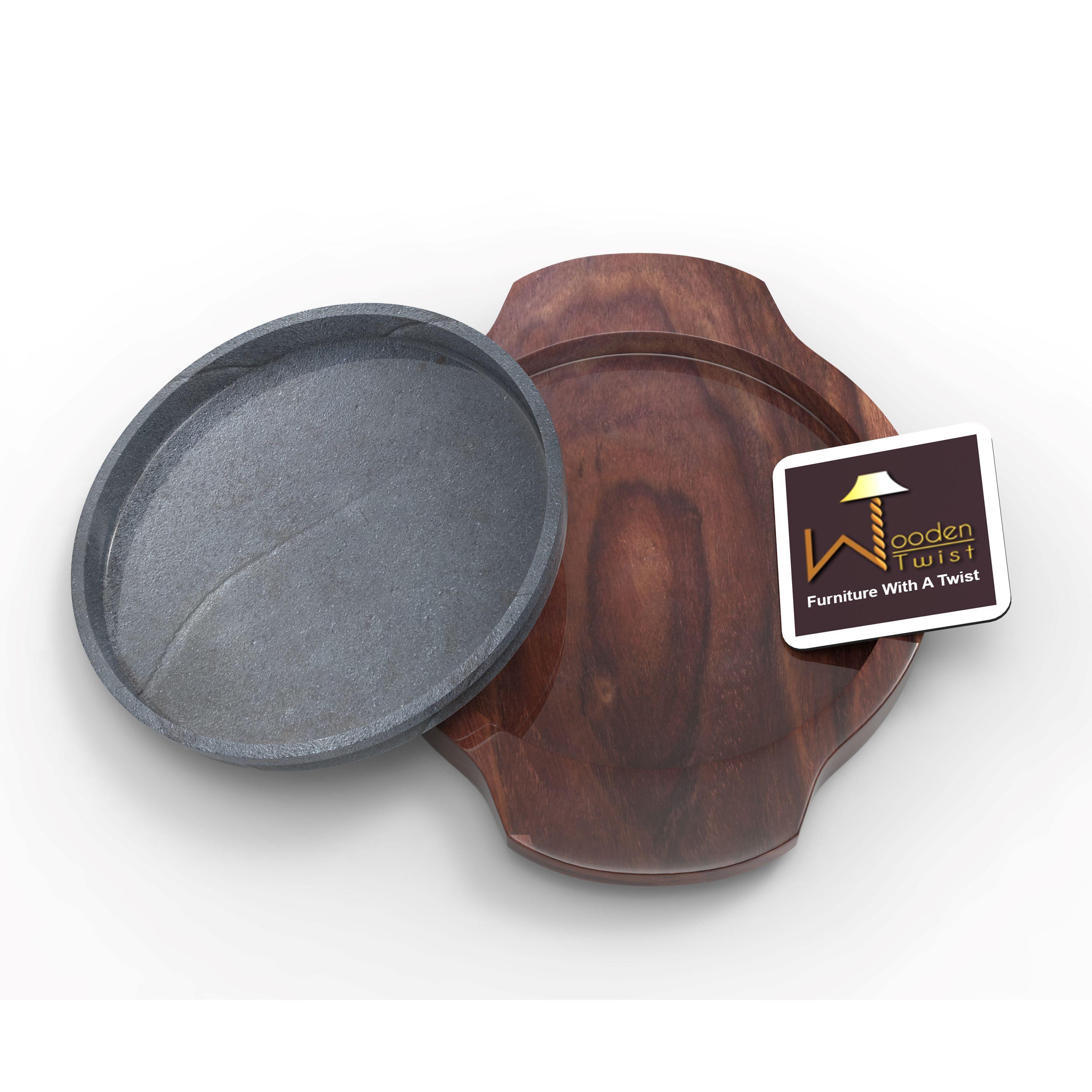 Large Sized Sizzler Serving Platter With Wooden Base in Premium Sheesham wood - WoodenTwist