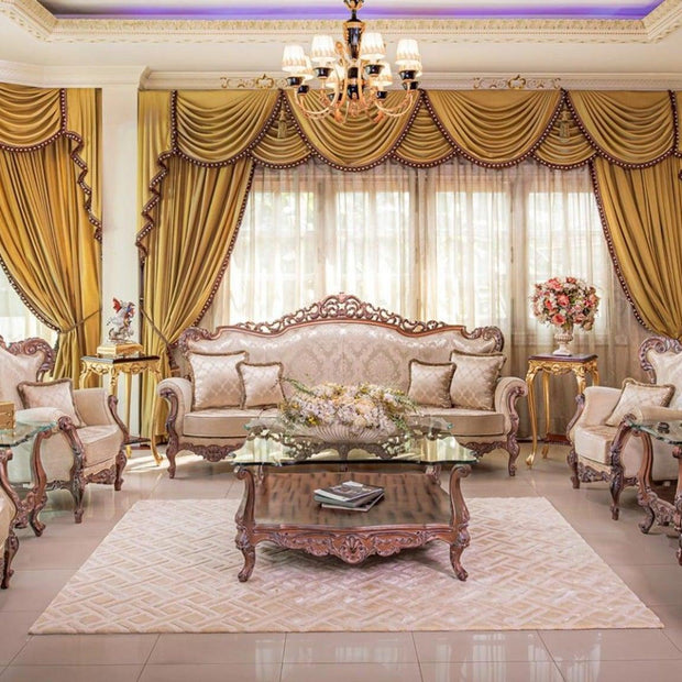 Royal Carved Sofa Set with Table In Teak Wood (Maharaja Style) 7 Seater With Tables - WoodenTwist