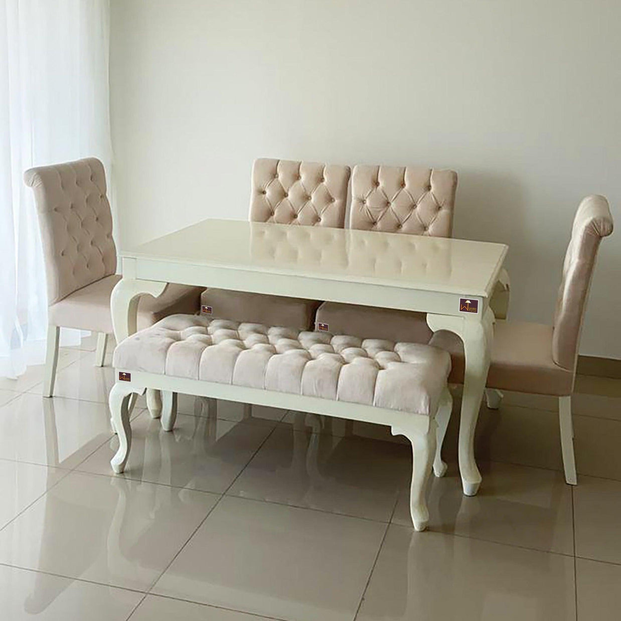 Elegant Teak Wood 6 Seater Dining Set with Bench (Beige Finish) - WoodenTwist