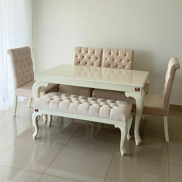 Elegant Teak Wood 6 Seater Dining Set with Bench (Beige Finish) - WoodenTwist
