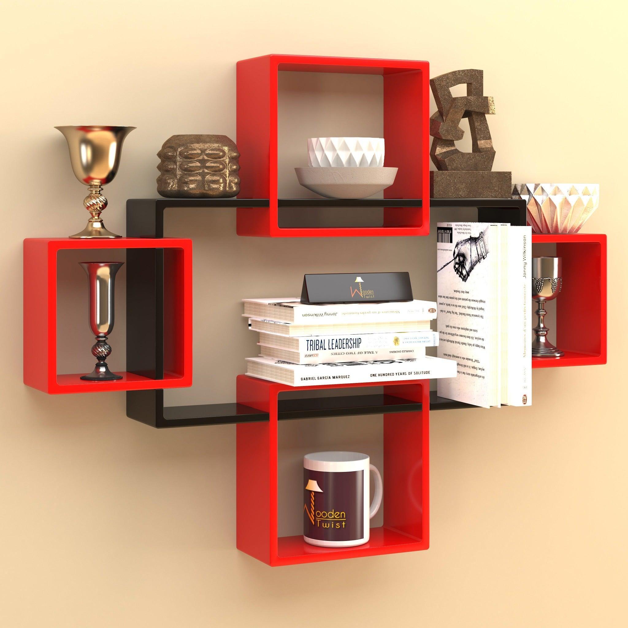 Exclusively Designed Engineered Wood Intersecting Decorative Living Room Wall Shelves (Set of 5) - WoodenTwist