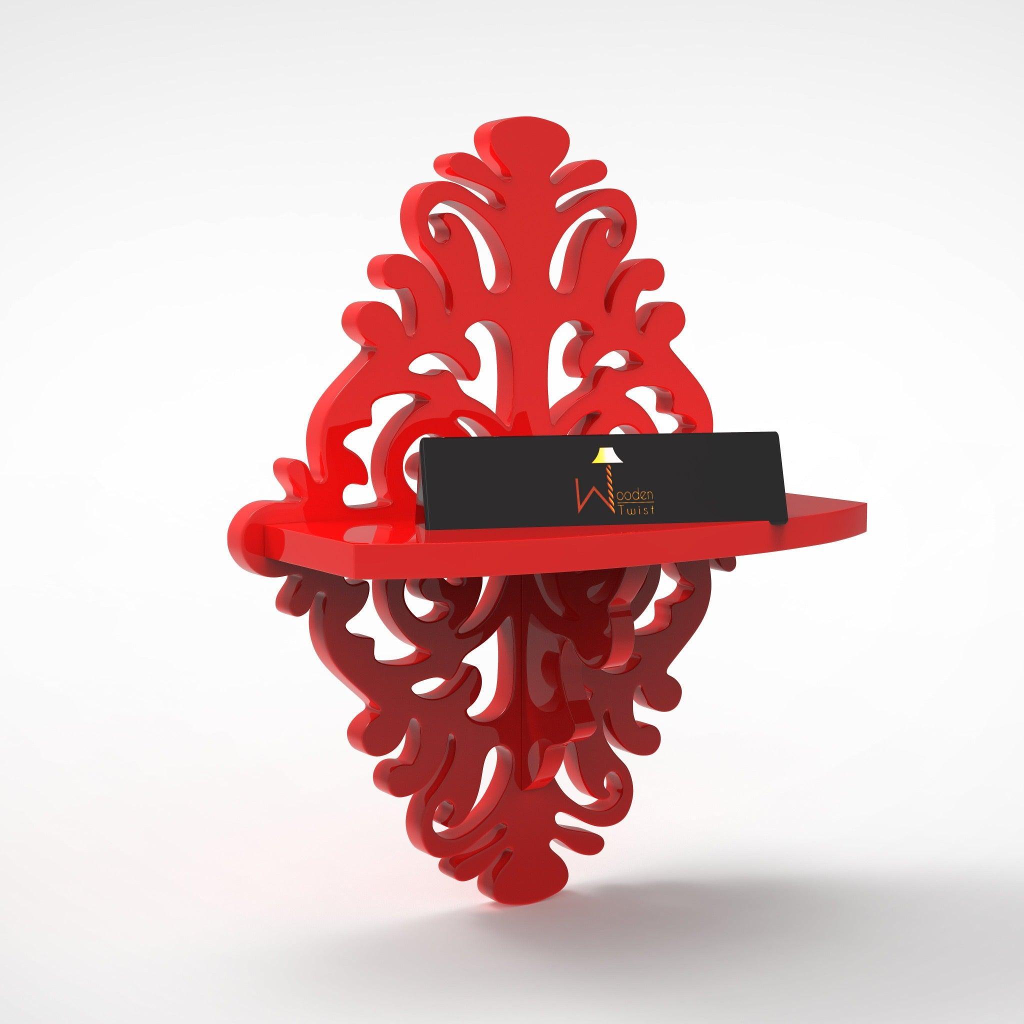 Red MDF floating wall shelf close-up view
