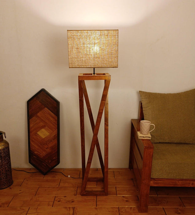 Remy Wooden Floor Lamp with Brown Base and Beige Fabric Lampshade - WoodenTwist