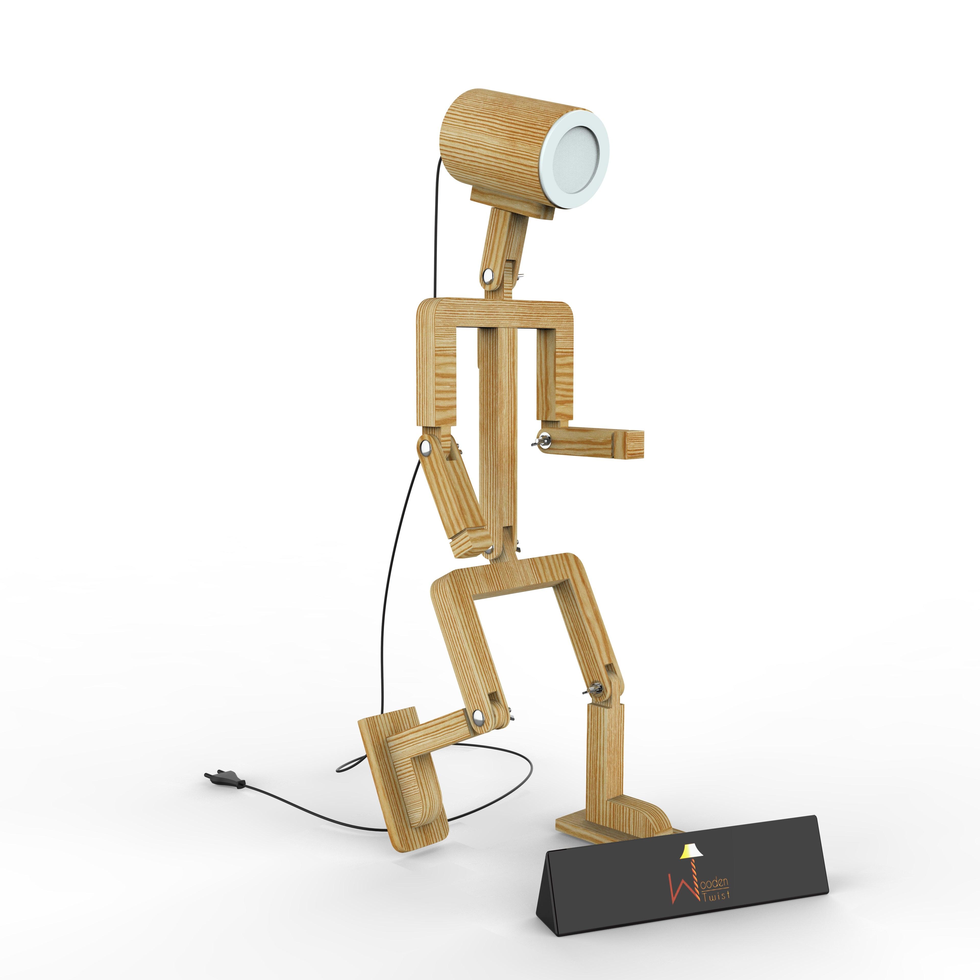 Wooden Robot Shaped LED Lamp (Pinewood)