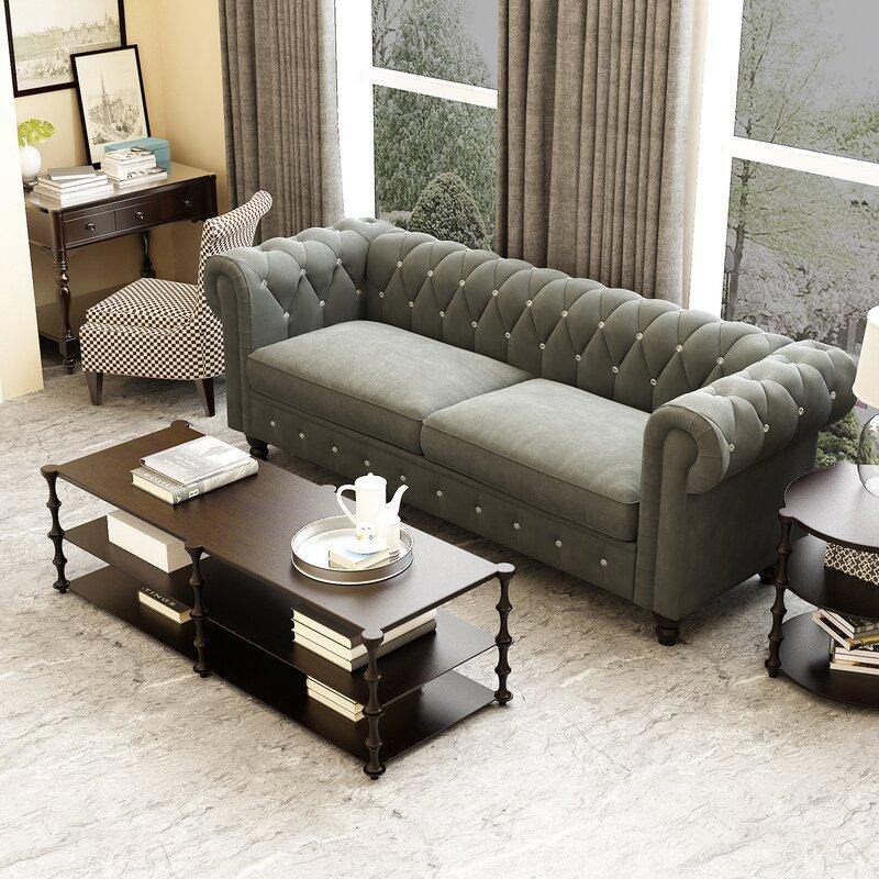 Graceful 3 Seater Velvet Rolled Arm Chesterfield Sofa - WoodenTwist