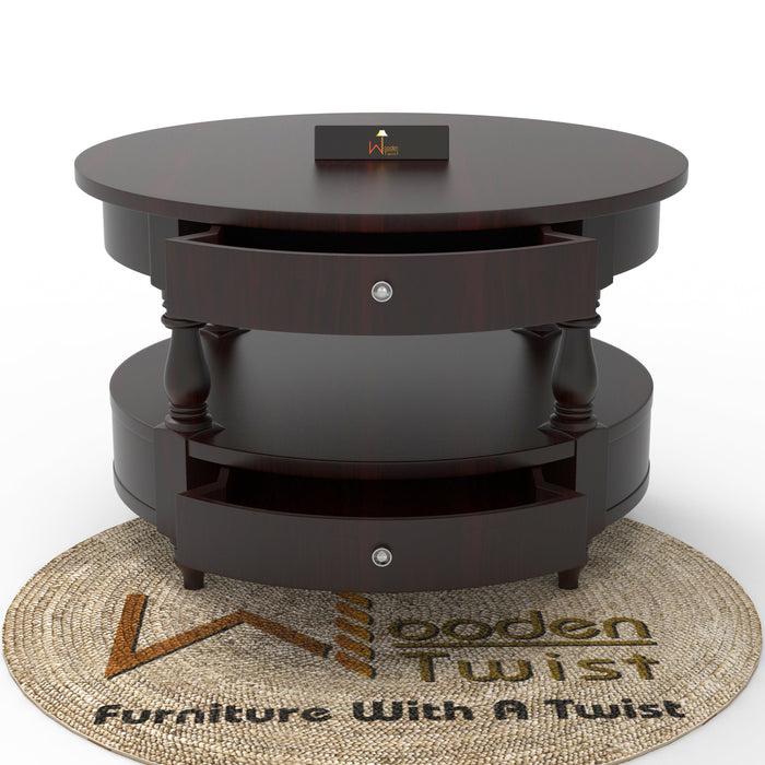 Wooden Twist 2 Drawer Round Teak Wood Coffee Table ( Brown ) - WoodenTwist