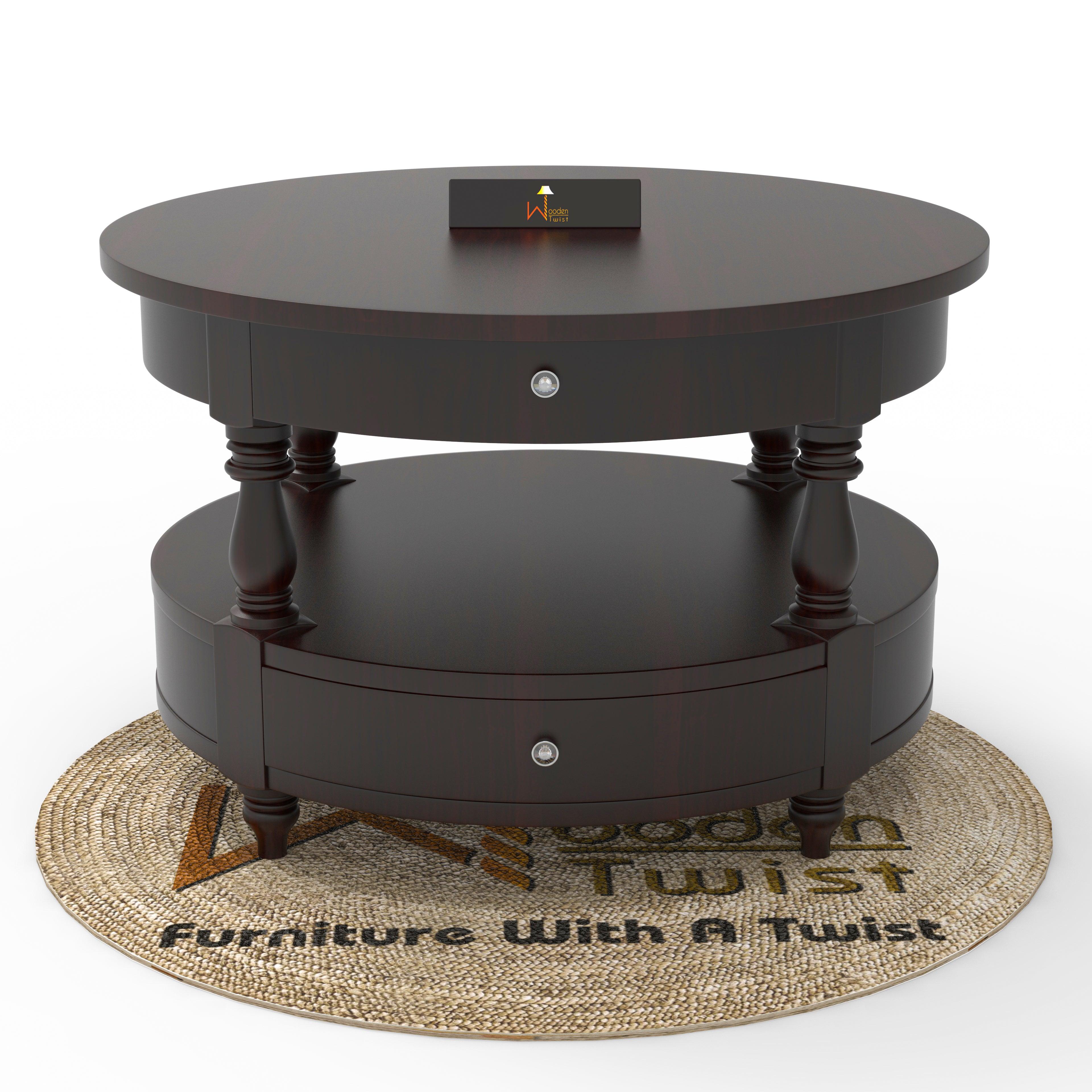 Wooden Twist 2 Drawer Round Teak Wood Coffee Table ( Brown ) - WoodenTwist