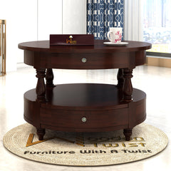 Wooden Twist 2 Drawer Round Teak Wood Coffee Table ( Brown ) - WoodenTwist