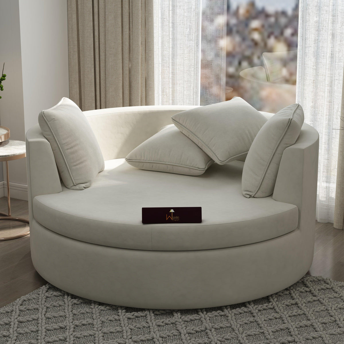 A Large Round Barrel Chair With A Twist