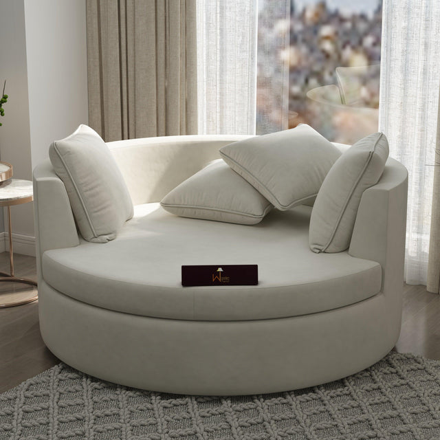 Velvet round barrel sofa cuddle chair - beige lifestyle view