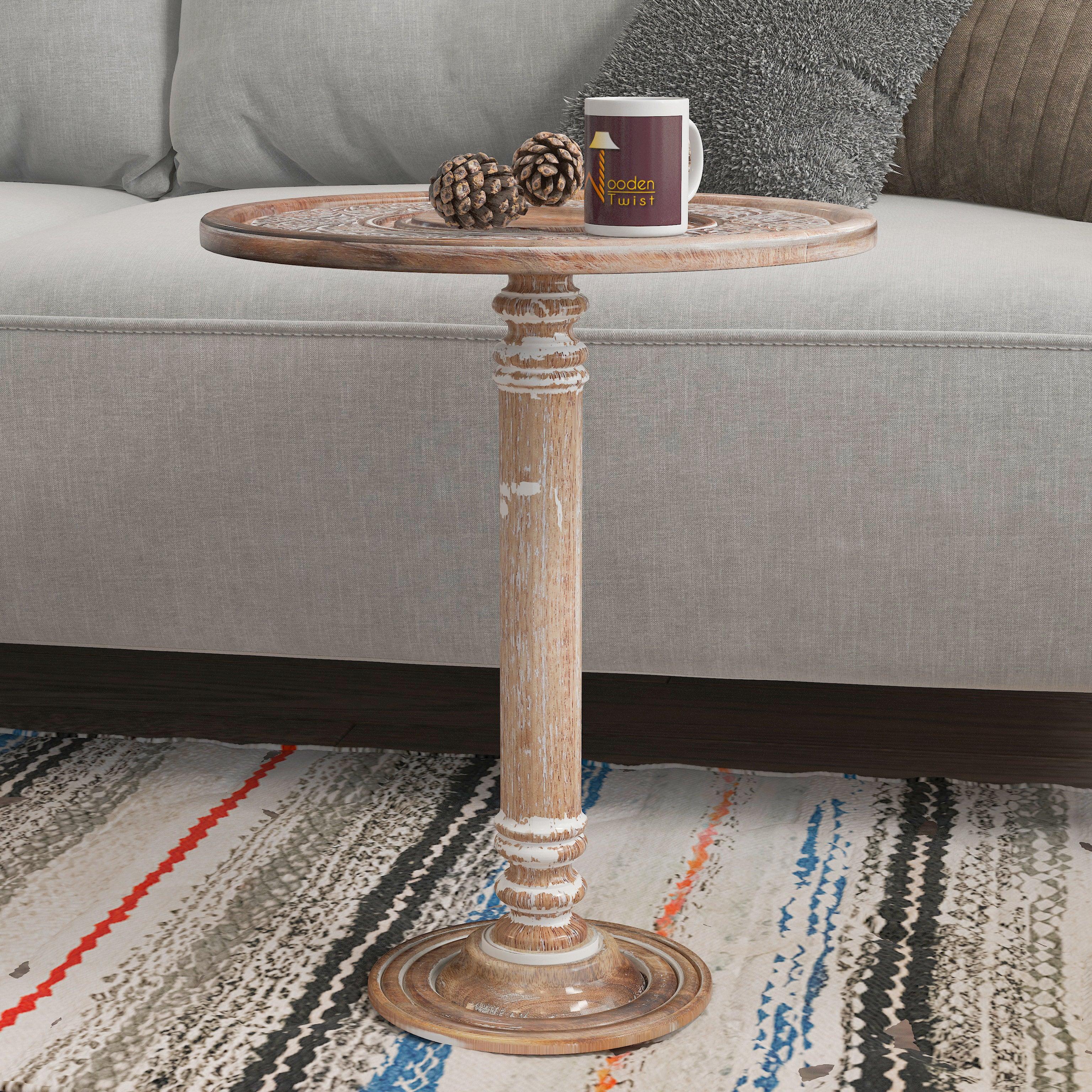 Wooden Twist Sculpte Hand Carved Solid Wood End Table - WoodenTwist