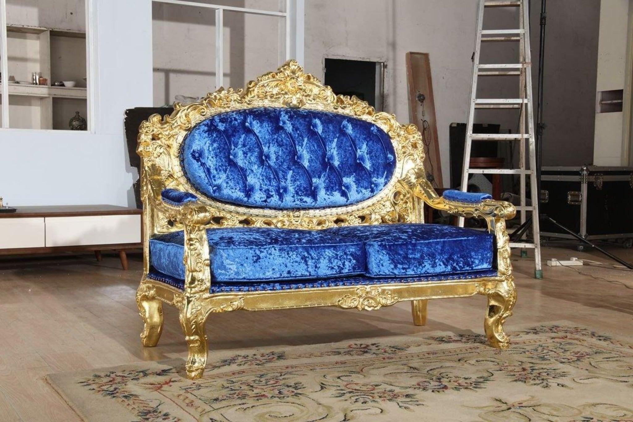 Blue Velvet Royal Antique Gold Carved Sofa Set Seater