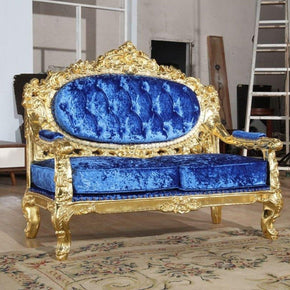 Blue Velvet Royal Antique Gold Carved Sofa Set - WoodenTwist