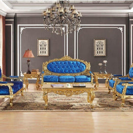 Blue Velvet Royal Antique Gold Carved Sofa Set - WoodenTwist
