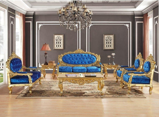 Blue Velvet Royal Antique Gold Carved Sofa Set — WoodenTwist