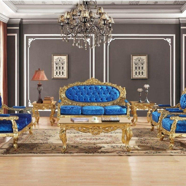 Blue Velvet Royal Antique Gold Carved Sofa Set - WoodenTwist
