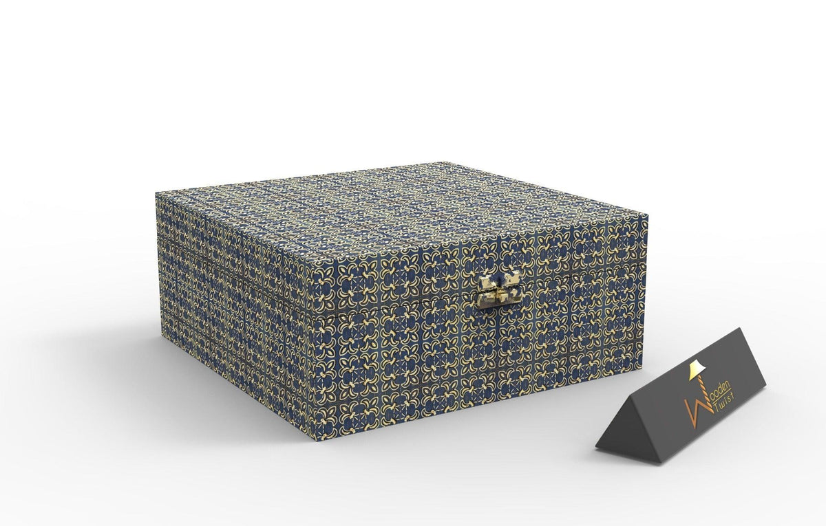 Square Antique Print Wooden Jewellery Box - Open View