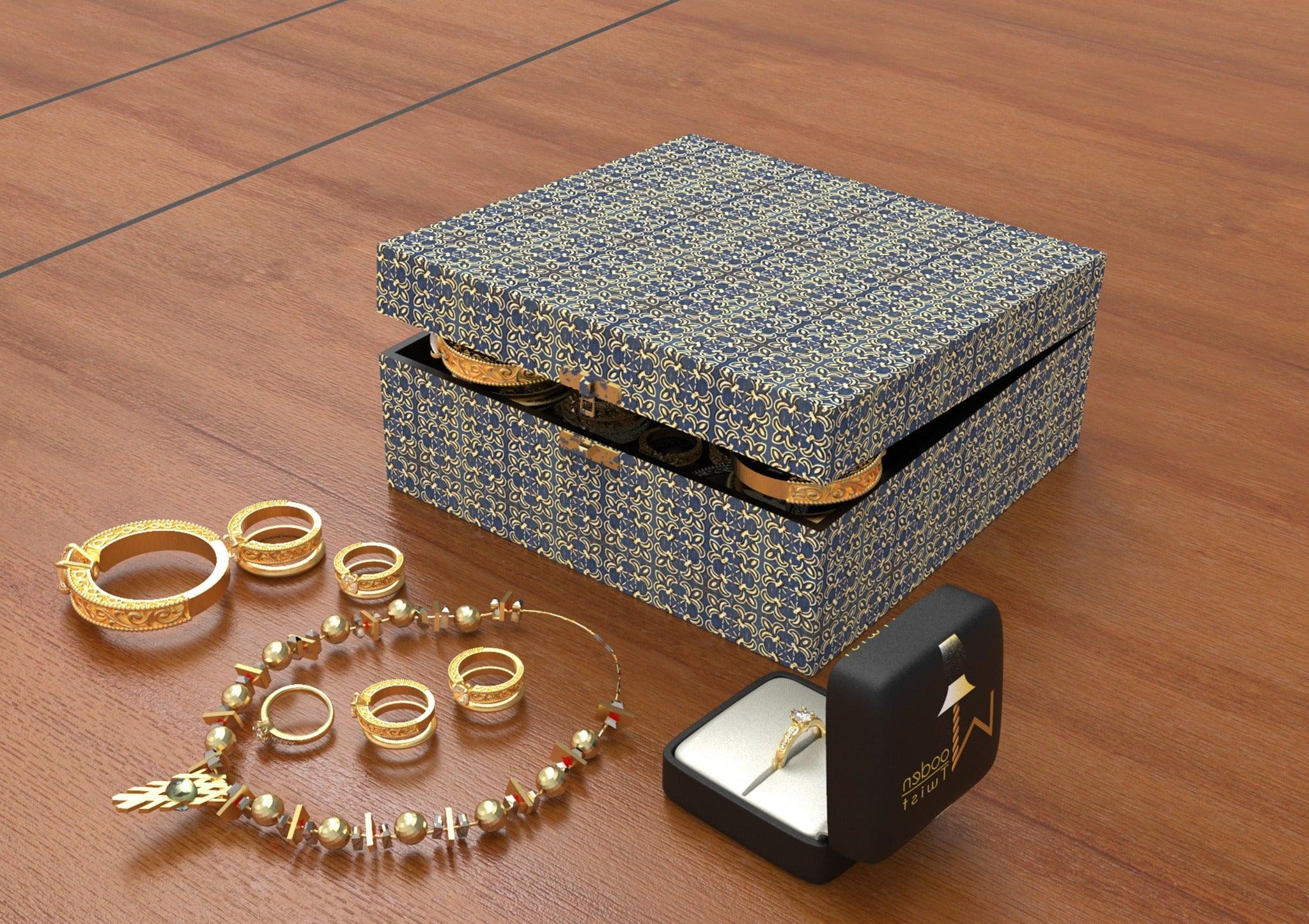 Square Antique Print Wooden Jewellery Box - Front View